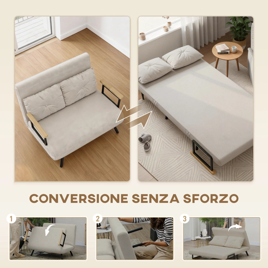 Divano Letto 3 in 1 in Tessuto Effetto Velluto con Schienale Regolabile e 2 Cuscini. 102x73x81 cm. Beige