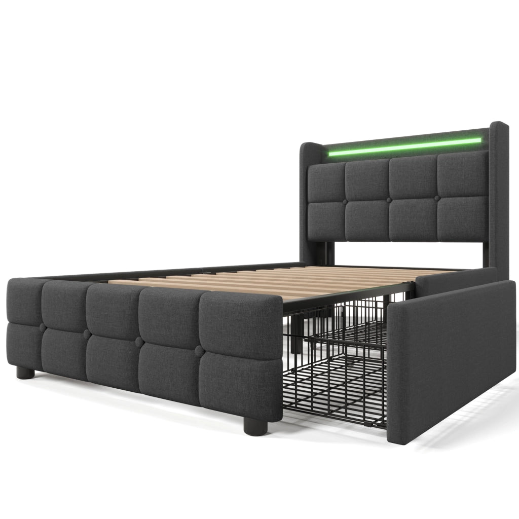 OKWISH Letto Singolo 90×200 cm con Prese, USB, LED Regolabile e 2 Cassetti, senza Materasso, in Legno, Grigio