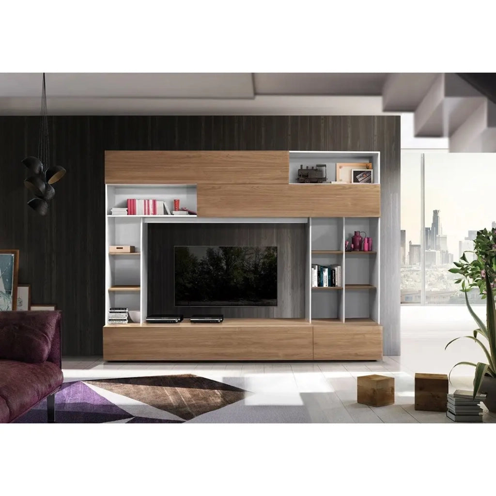 Composizione murale PATIO – Rovere & bianco opaco – Numerosi vani di stoccaggio – Stile moderno per soggiorno