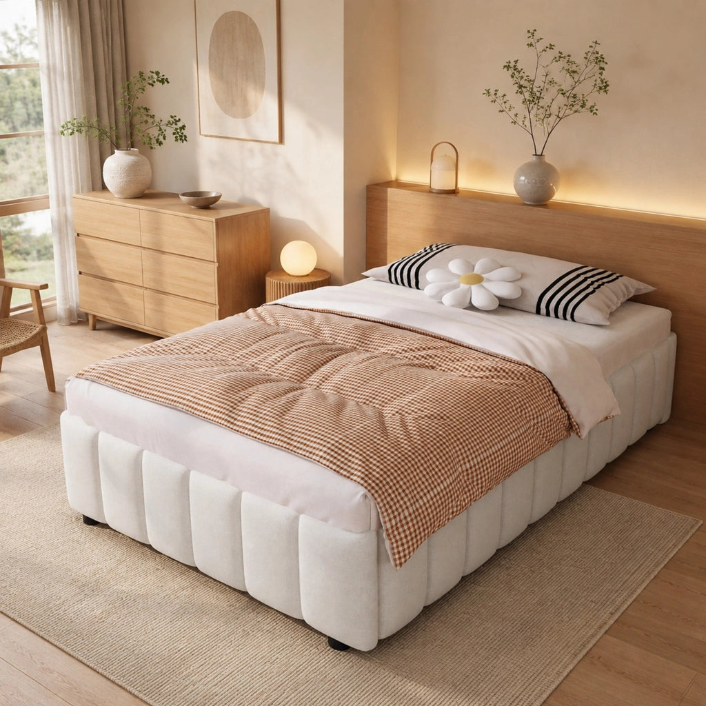 Letto imbottito 90x200 cm con contenitore idraulico; senza testiera; in lino beige