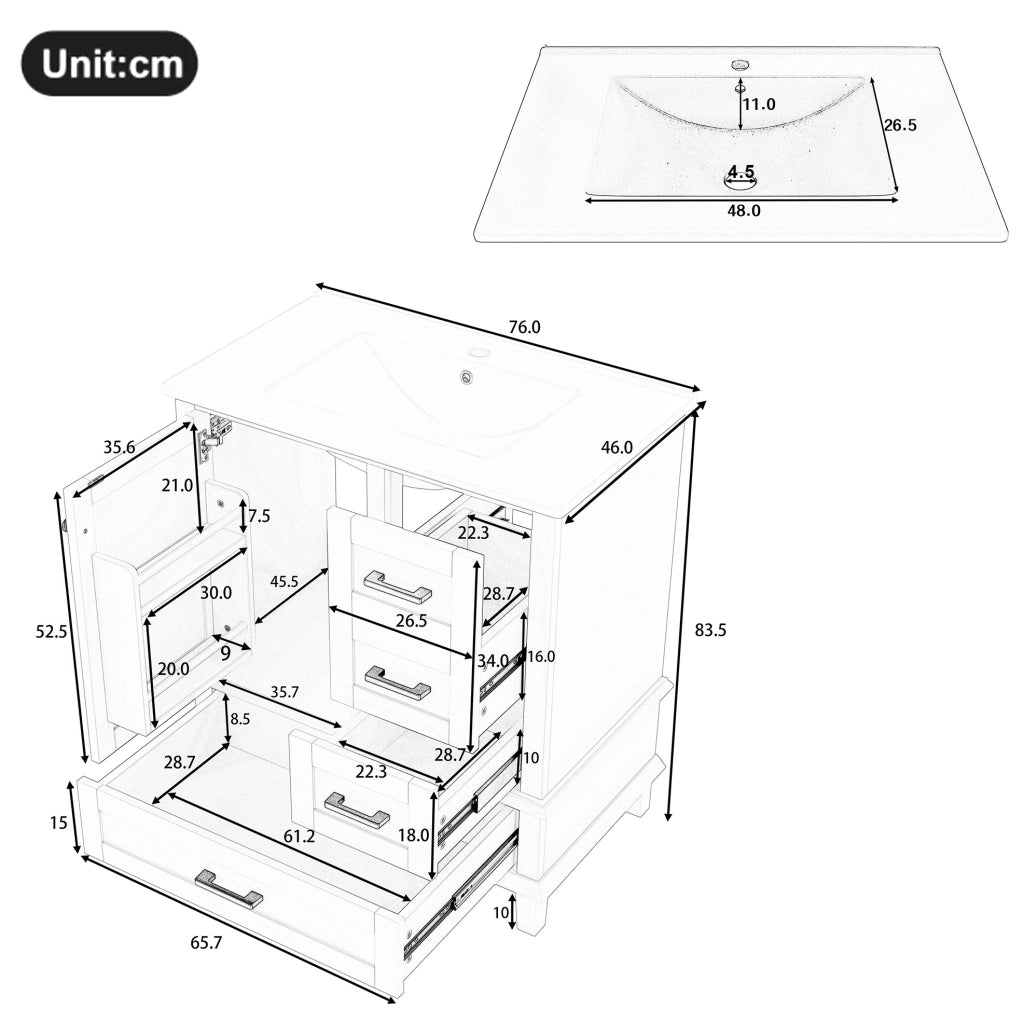 Mobile bagno a pavimento grigio con lavabo in ceramica 76 cm