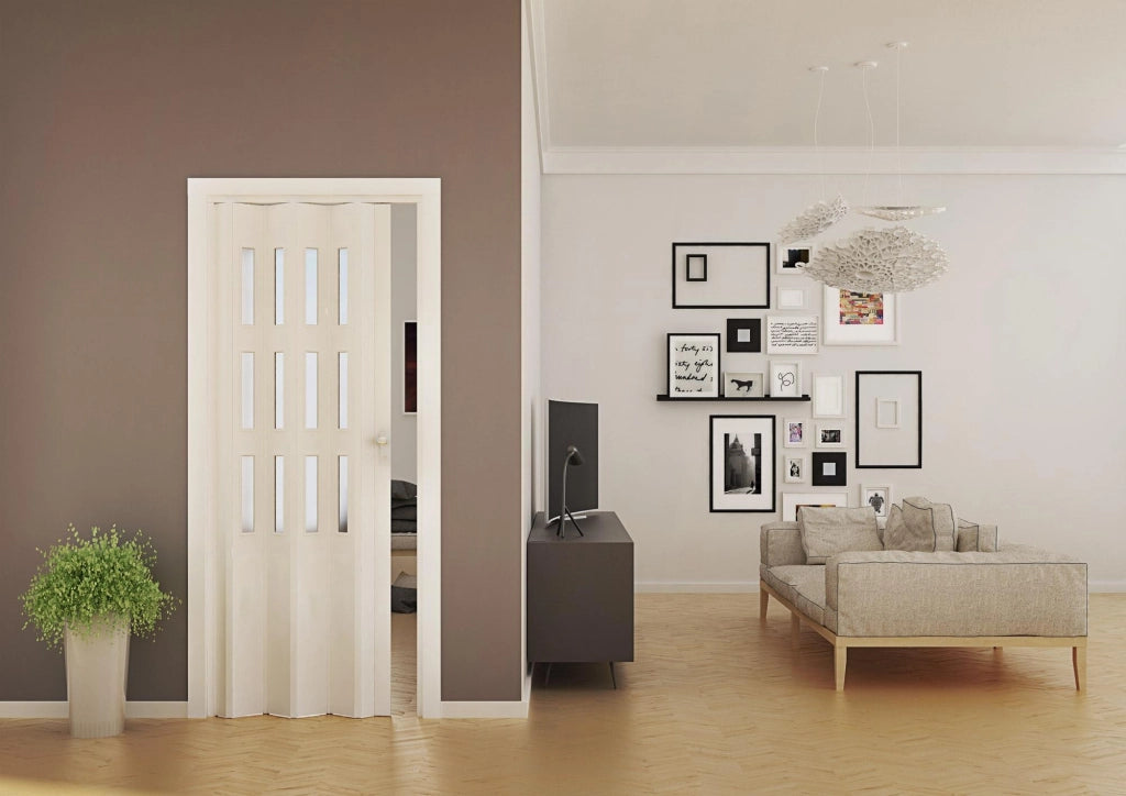 Porta a Soffietto da Interno 88,5x214 cm in PVC con Vetro Florance Bianca