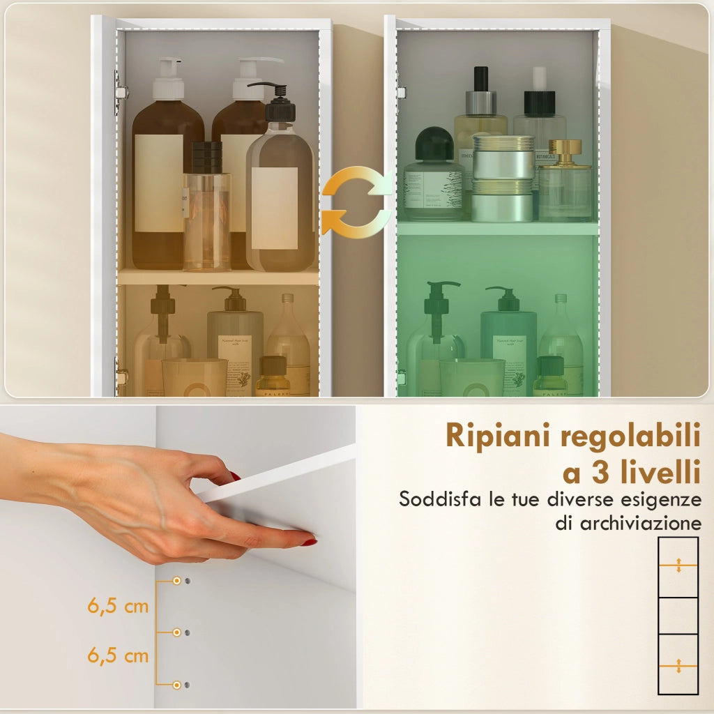 Mobile da Bagno a 2 Ante con Spazio Aperto e Ripiani Regolabili, in Legno, 30x24x140 cm, Bianco