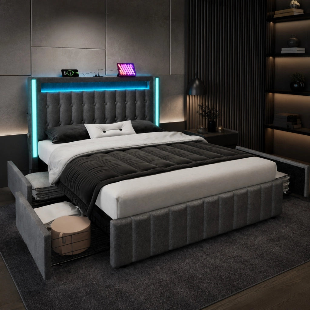 Letto imbottito 140x200 grigio con LED, USB-C, 4 cassetti e rete