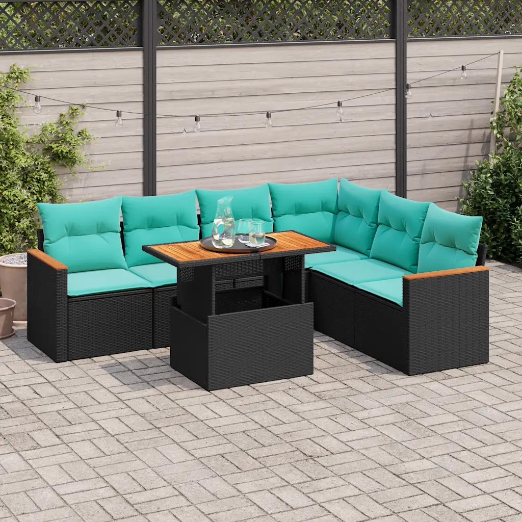Set Divani da Giardino con Cuscini 7pz Nero Polyrattan