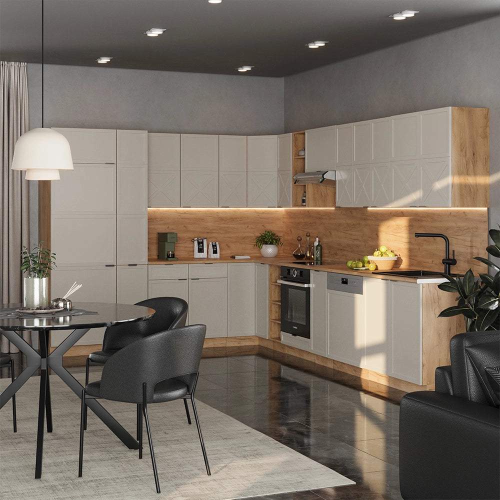 Cucina angolare completa Fame-Line GrigioBeige/Rovere dorato 347 x 60 cm, PL Marmo Vicco