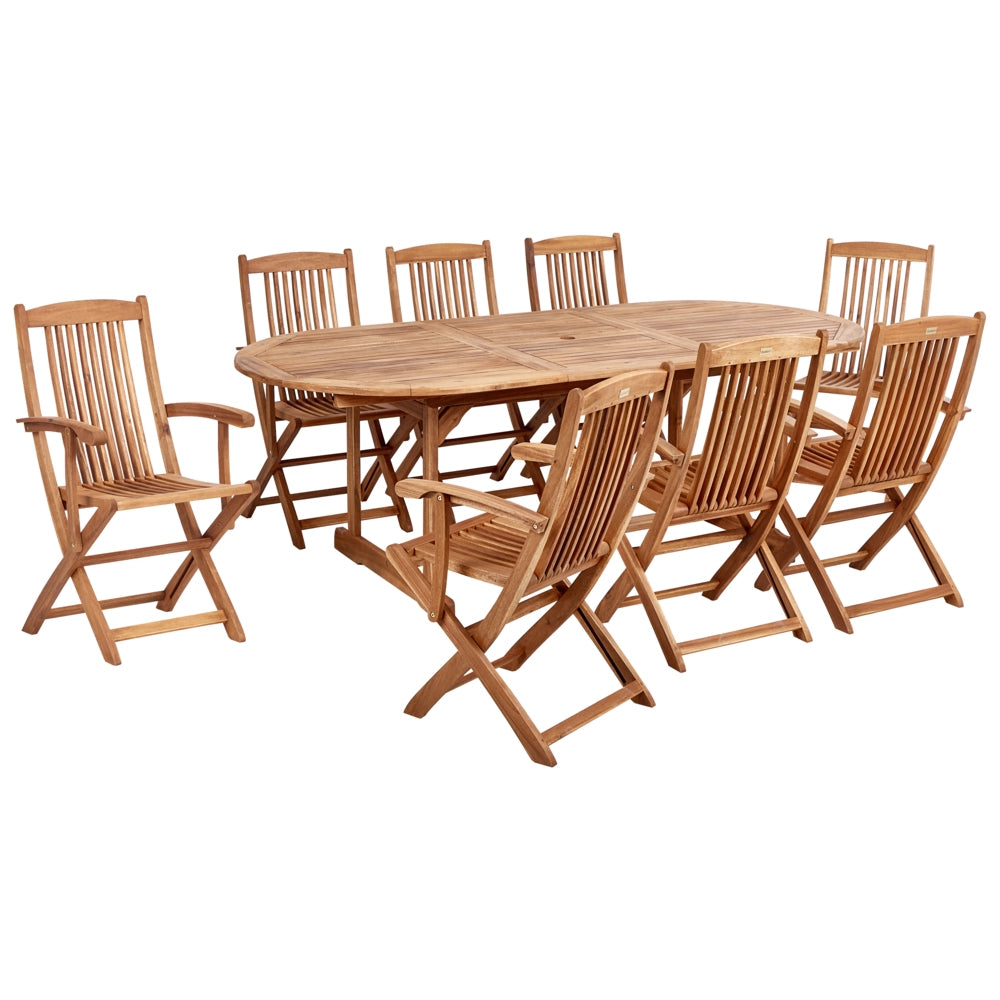 Set da pranzo da giardino con tavolo ovale sedie pieghevoli con cuscini verde chiaro a 8 posti Maui design rustico