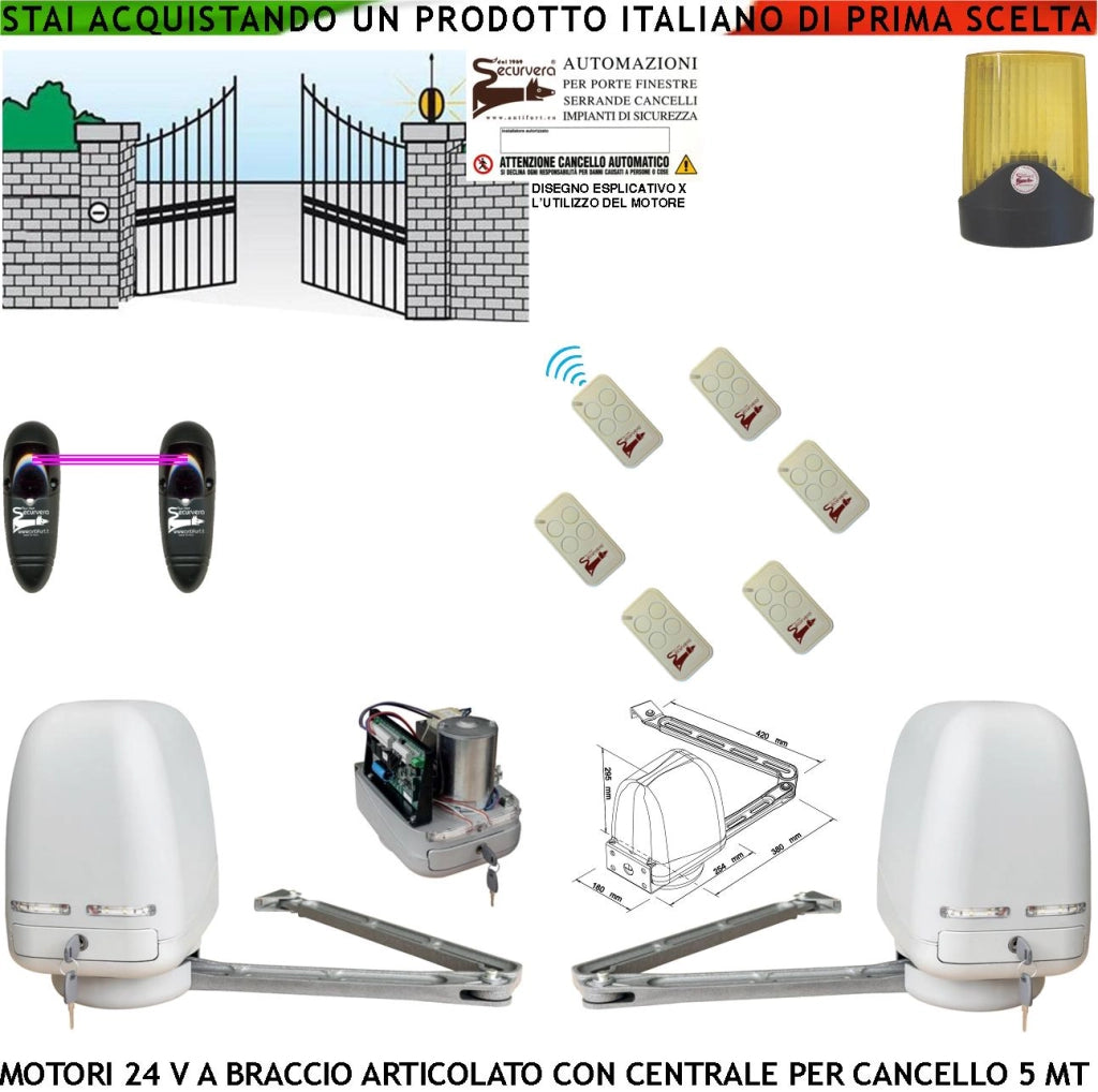 Automatismo Cancello Kit Motori Braccio Articolato 24 V 2 Ante da 0,5 a 2,5 MT Centrale 220/24 V Faro Coppia di Fotocellule 6 Radiocomandi