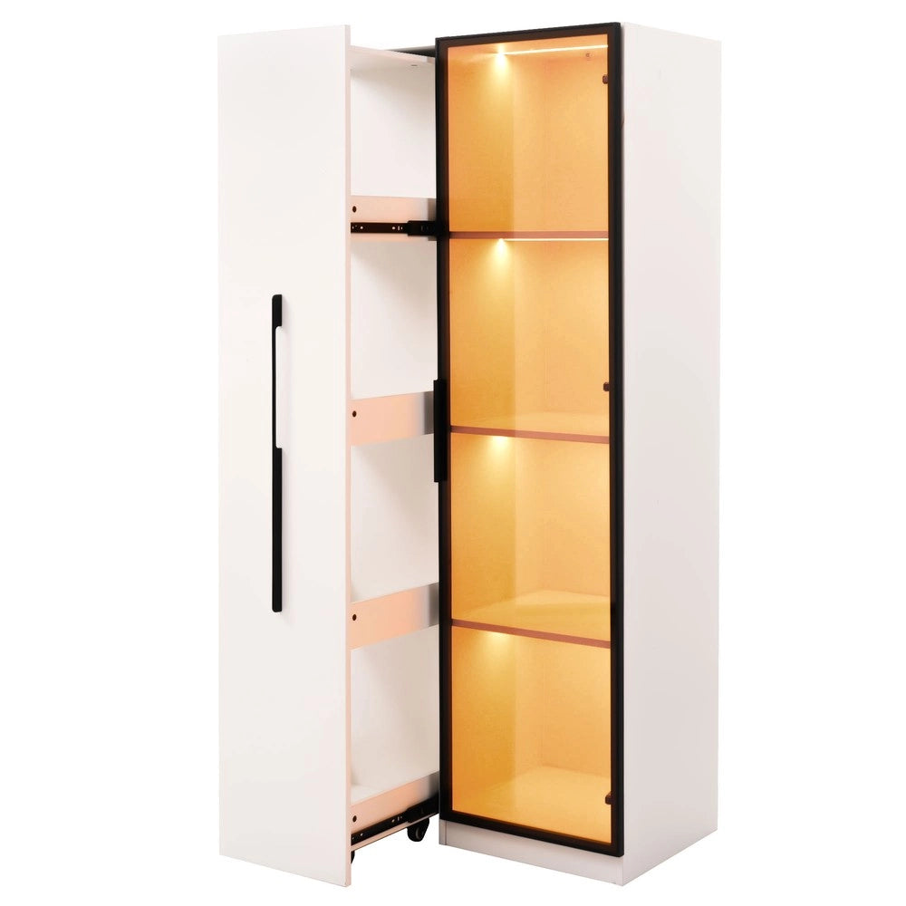 Libreria Vetrina con Porte in Vetro Temperato e LED ¨C MINIMAL ¨C Legno, Ruote, 160 cm
