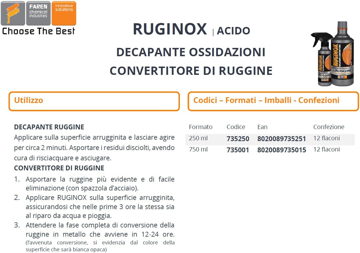 Ruginox Faren convertitore di ruggine sciogli ruggine 250 ml vernice solvente