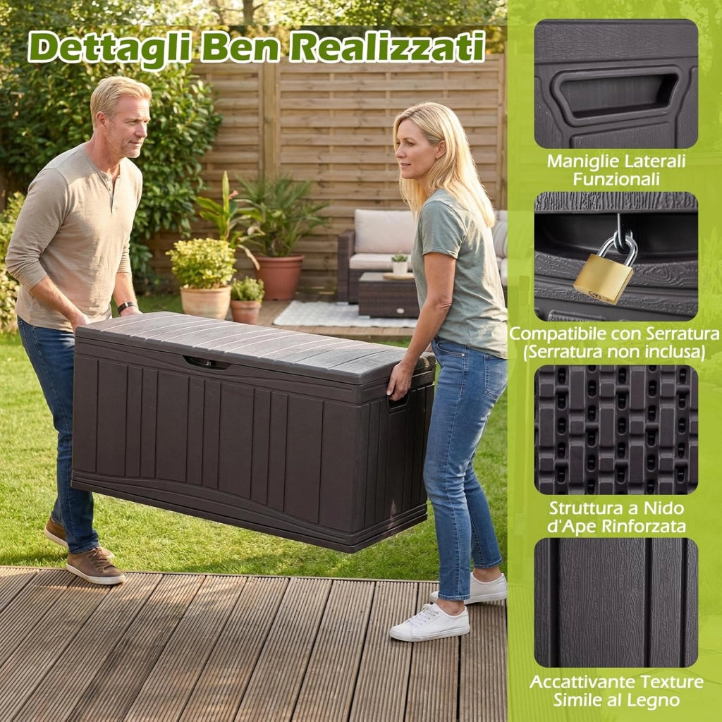 Baule da Esterno 300L Impermeabile in Resina, Cassapanca Contenitore da Esterno con Pistoni a Gas, Predisposizione per Serratura e 2 Maniglie Laterali, Resistente, 114 x 55 x 61 cm (Marrone)