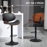 Set 2 Sgabelli da Bar con Schienale Regolabili in Altezza, Legno e Finta Pelle, 53x52x92-112 cm, Nero