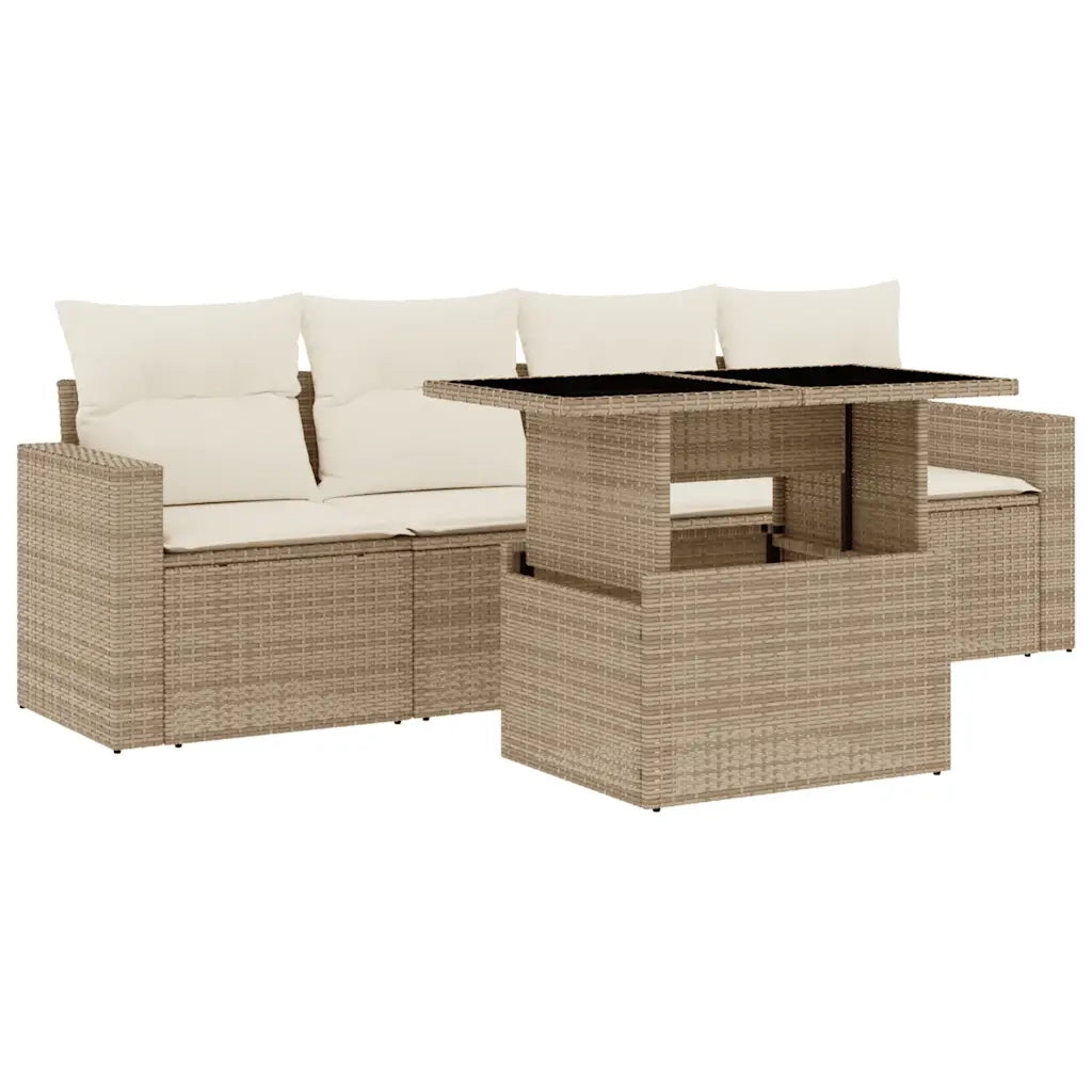 Set Divano da Giardino 5 pz con Cuscini Beige in Polyrattan