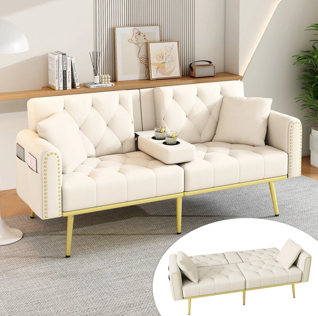 Divano letto 175 x 80 x 73，5 cm in velluto beige， 3 inclinazioni e portabicchieri