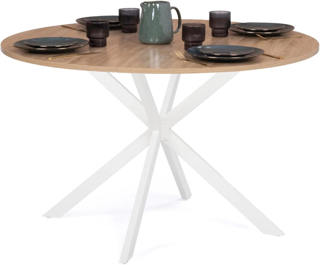 Tavolo da pranzo rotondo ALIX, legno e gambe a ragno bianche, 4-6 persone, 110 cm