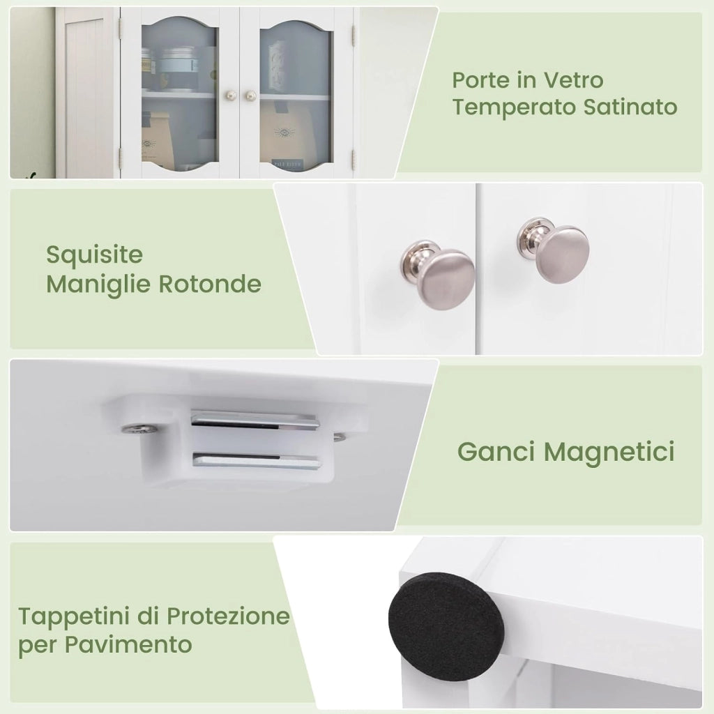 Armadietto Salvaspazio 60 x 30 x 148,5cm, Mobile Bagno con Scomparti Aperti, Scaffafli Regolabili e 2 Porte in Vetro Temprato, Armadio da Bagno per Ufficio, Soggiorno e Camera da Letto, Bianco