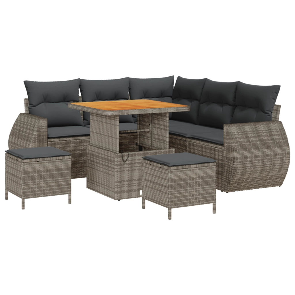 Set Divano da Giardino a 8 Pezzi con Cuscini Grigio Polyrattan Acacia