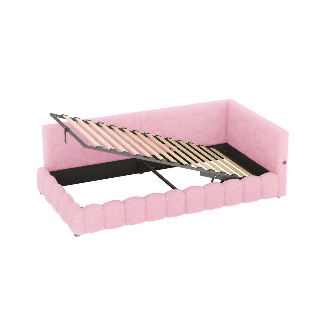 Letto 90x200 cm con contenitore; LED e USB Tipo-C rosa