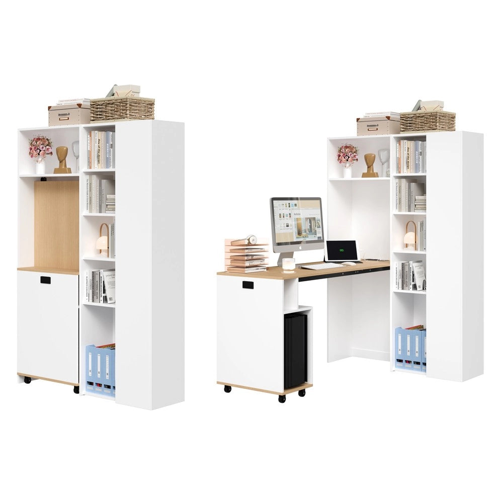 Scrivania Pieghevole con Libreria 2-in-1 ¨C MINIMAL ¨C Bianco, Ripiani Regolabili, Presa Elettrica USB, Angolare