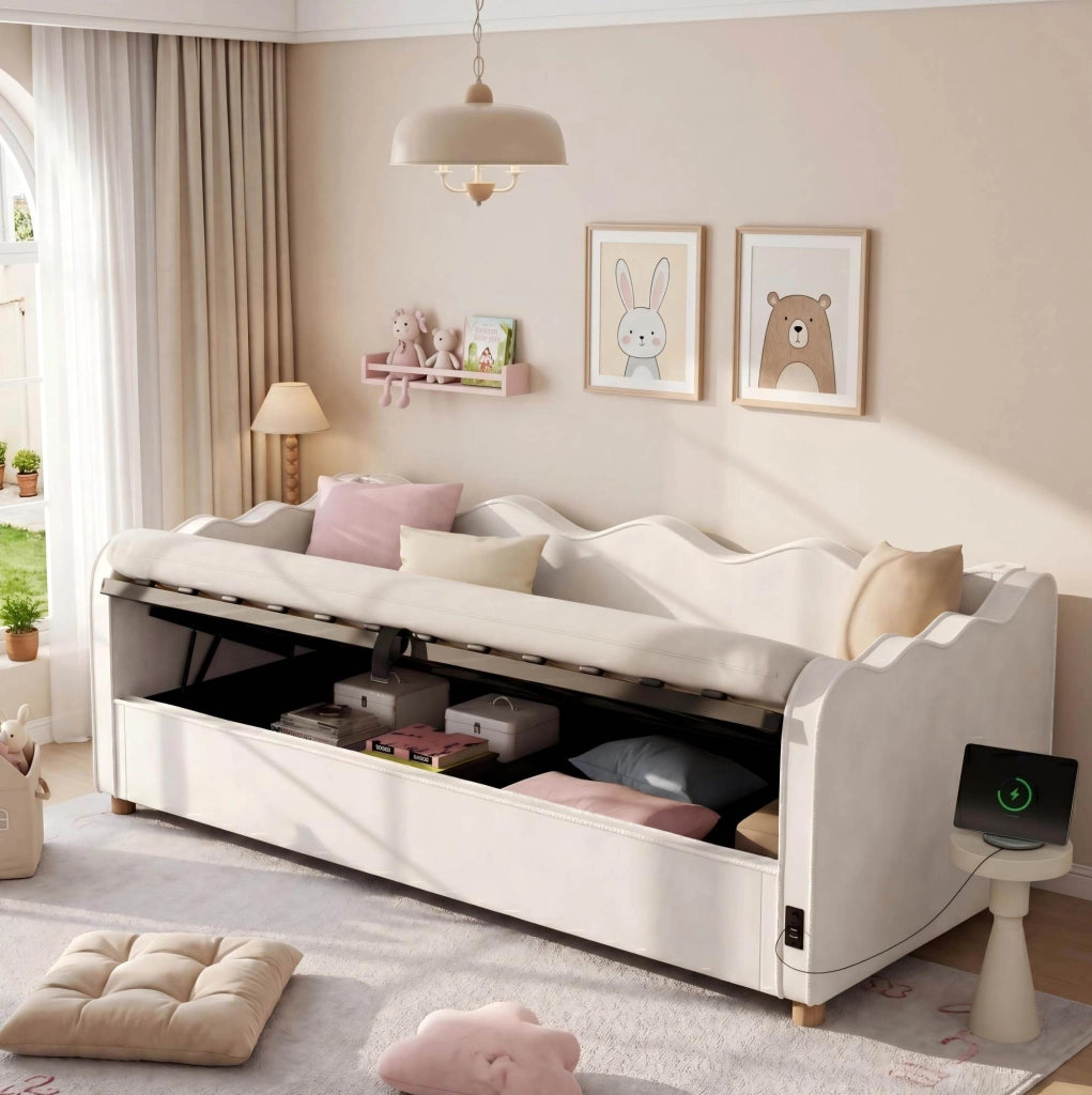 Letto contenitore 90x200 cm con USB C e presa; velluto beige