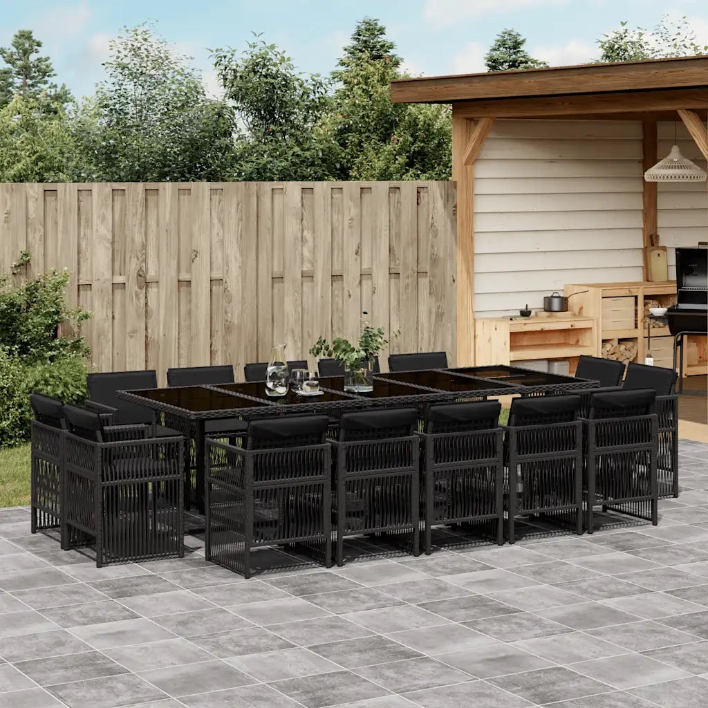 Set da Pranzo da Giardino 15 pz con Cuscini Nero in Polyrattan