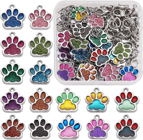 32 pezzi di attaccapiedi per gatti e cani in lega emaille con impronta di piede animale, 38 pezzi di chiavi e 38 pezzi di chiusure a forma di granchio per la creazione di accessori artigianali.