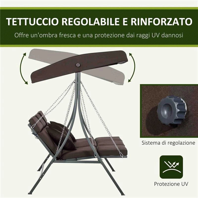 DONDOLO DA GIARDINO 3 POSTI CON CUSCINI SEDUTA CHAISE LONGUE E TETTUCCIO 198X118X168 CM MARRONE