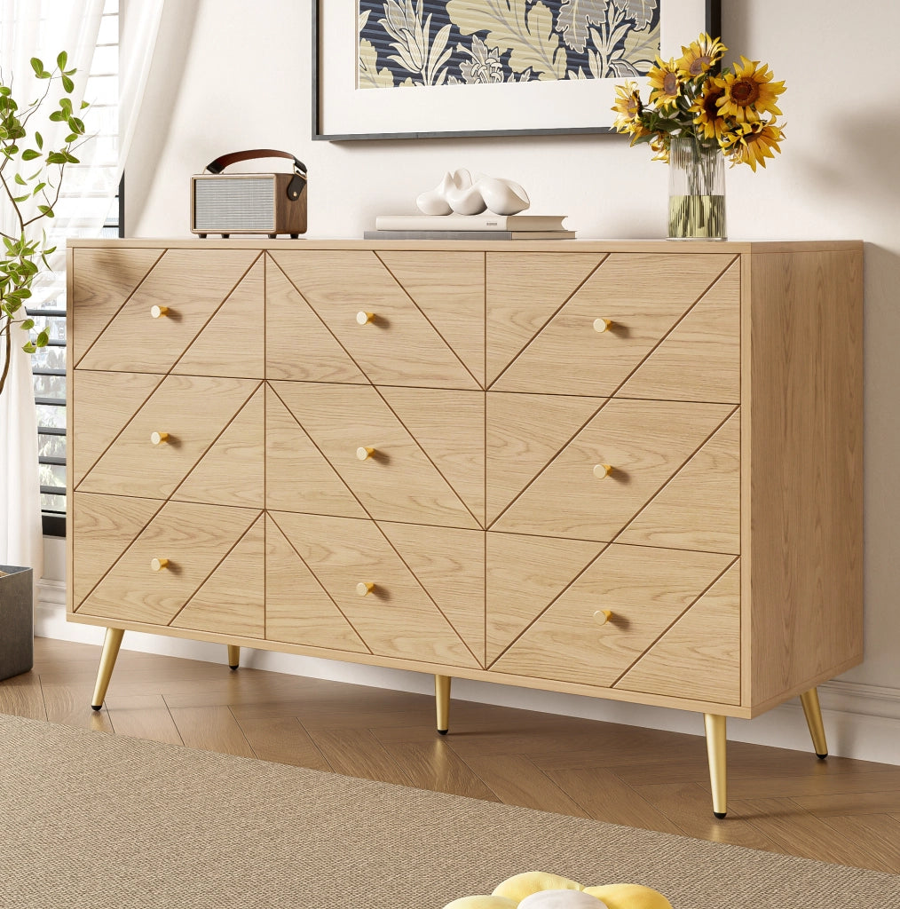 Cassettiera 120x39x80 cm; 9 cassetti con gambe in ferro; pannello truciolare; naturale