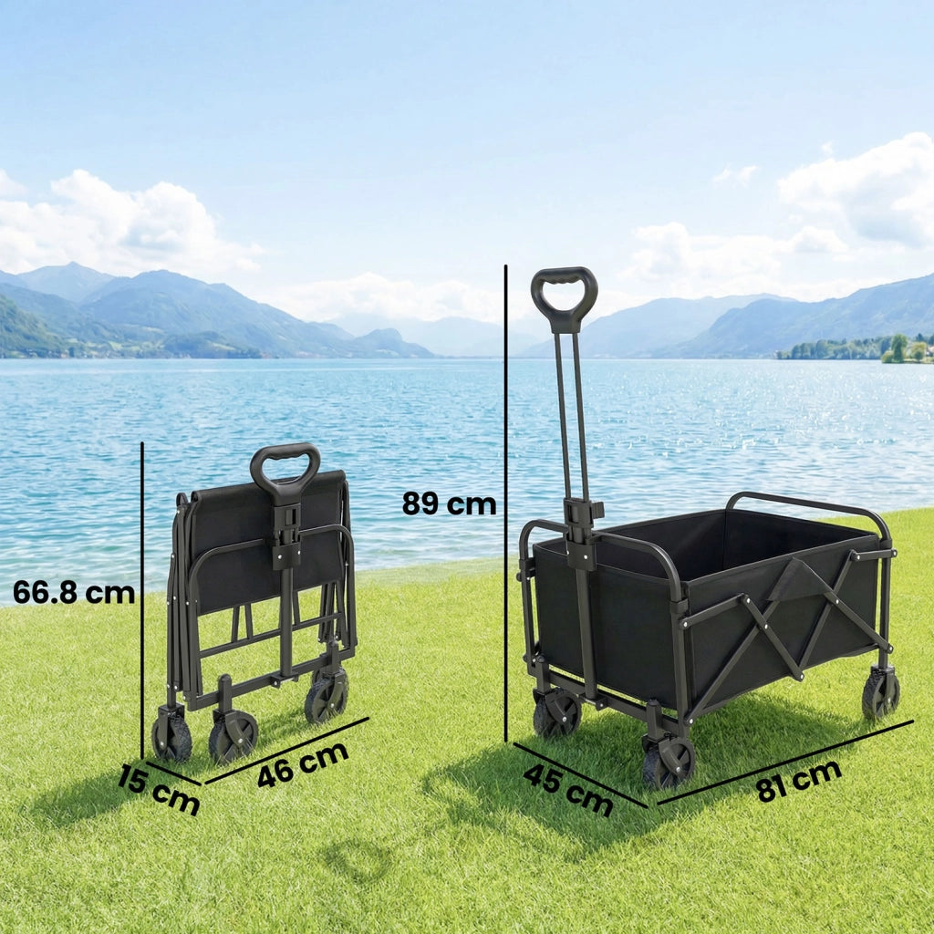 Carrello da Giardino Pieghevole 66L con Manico Regolabile e Portabicchieri in Tessuto Oxford Nero