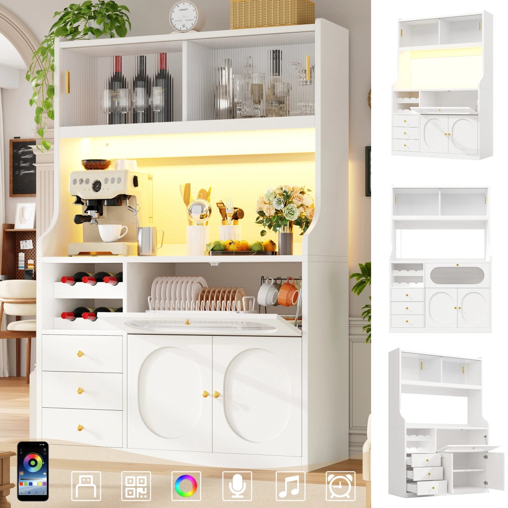 Credenza alta con vetrina, 3 cassetti e ripiani regolabili per cucina, bianco, 120 × 40 × 180 cm