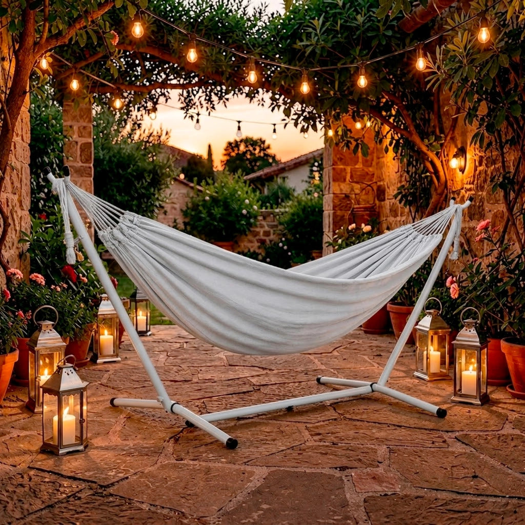 Amaca Da Giardino Con Supporto In Acciaio Portata 200 Kg Altezza Regolabile Telo Cotone Resistente Amaca Brasiliana Esterno Terrazzo Piscina Balcone Con Borsa Struttura Grigia 265 x 110 x 100 Cm Grigio