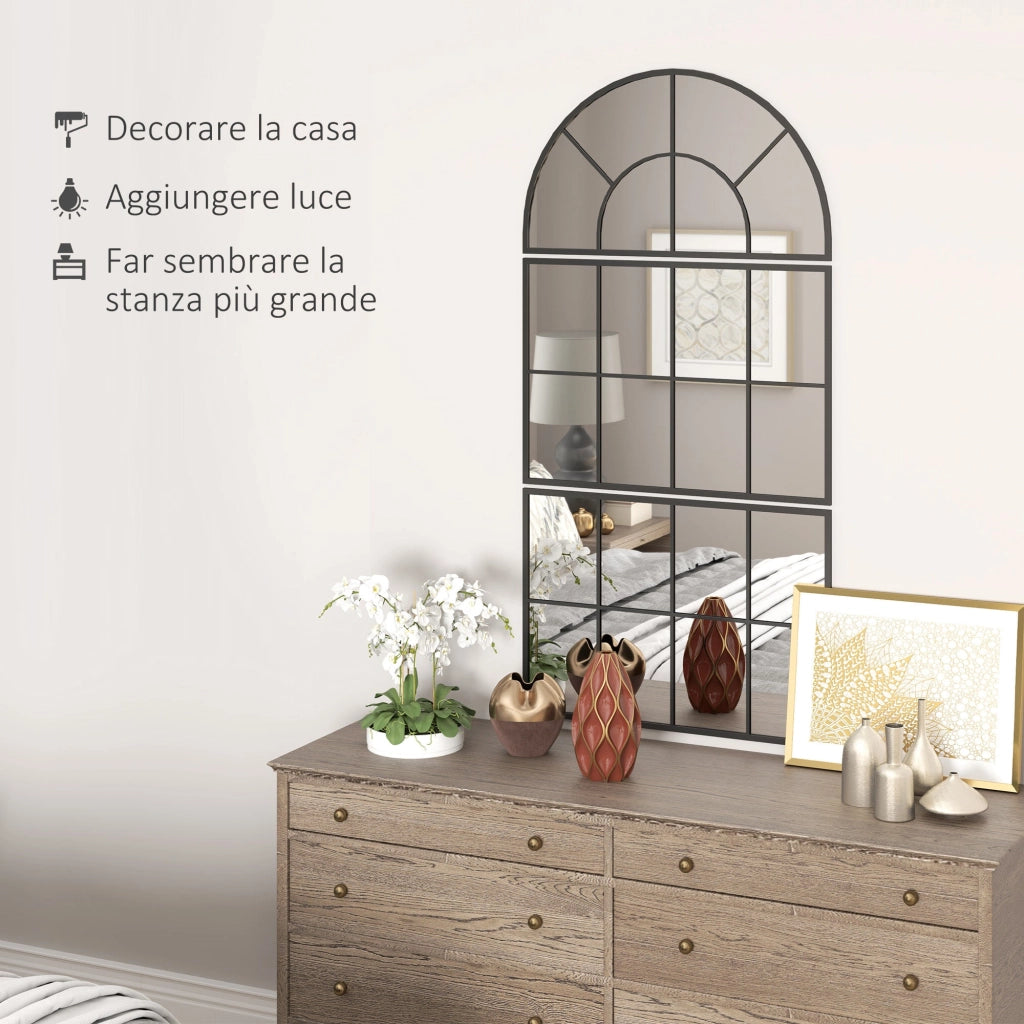 Specchio da Parete ad Arco Stile Finestra Telaio in Metallo Nero