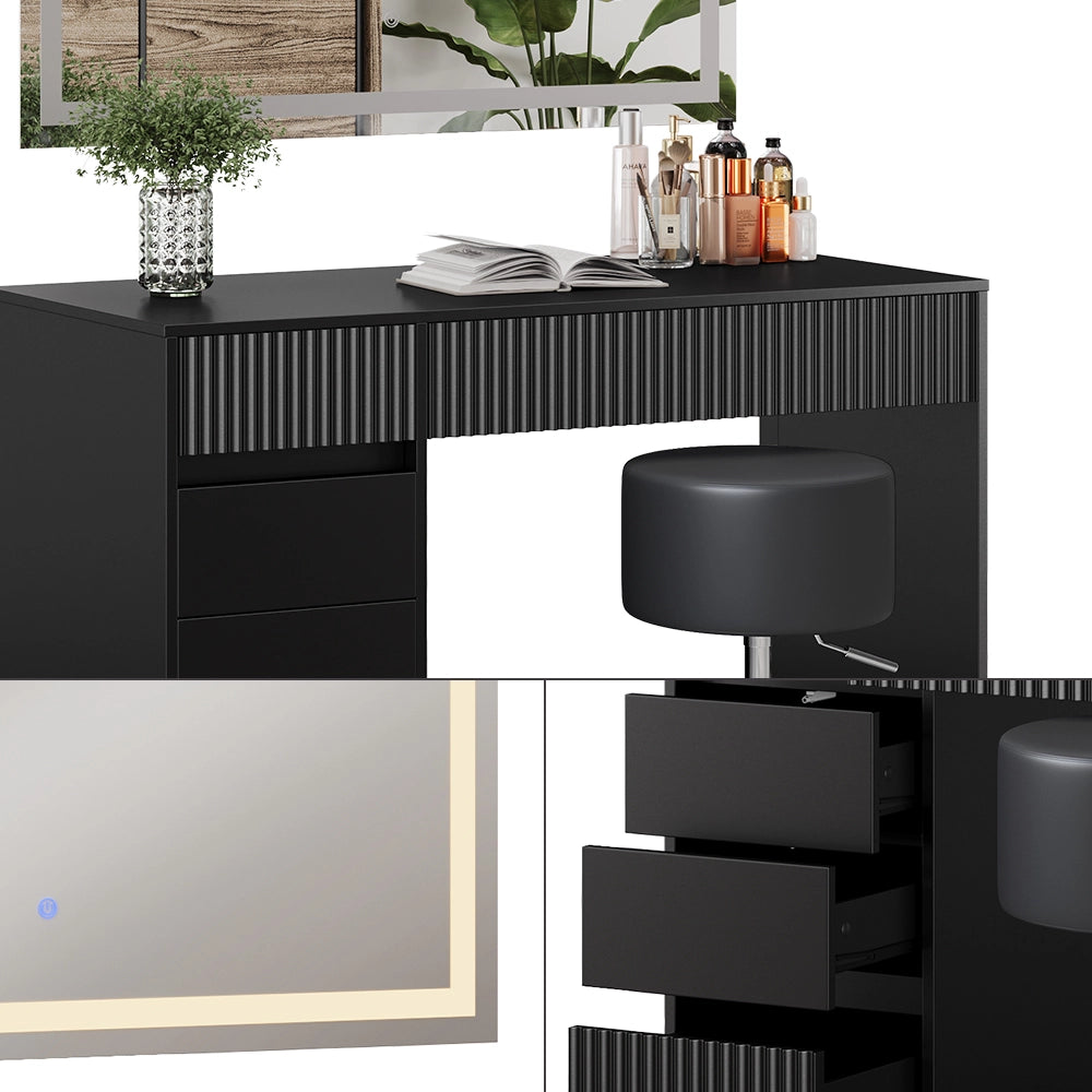 Vicco Tavolo da toilette Nero 120 cm con specchio LED e sgabello