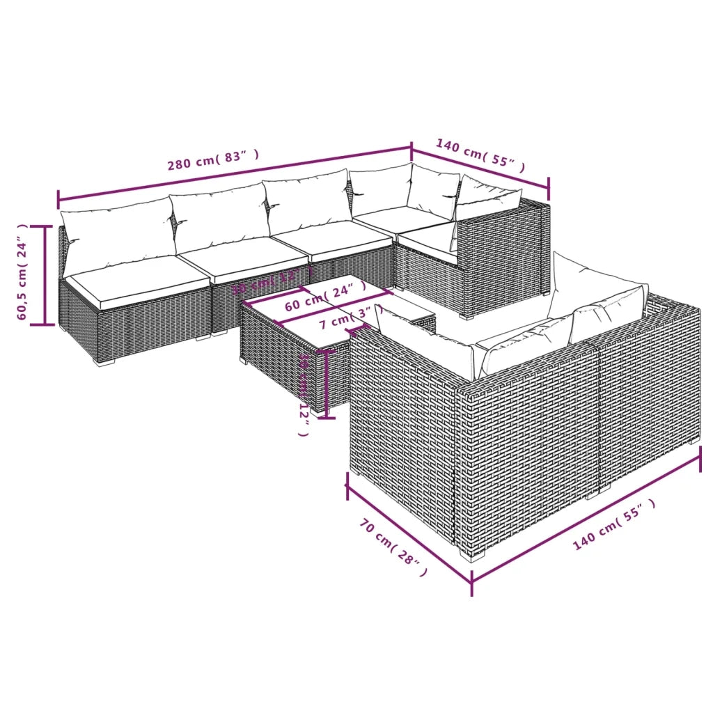 Set Mobili da Giardino con Cuscini 8 pz Nero in Polyrattan
