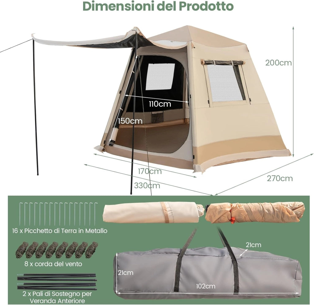 Tenda da Spiaggia Adatta a 4-6 Persone, Tenda Impermeabile e Pieghevole a Doppio Strato con Borsa Portatile per Campeggio e Viaggio, 330 x 270 x 200 cm