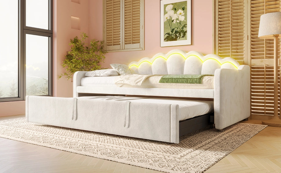 Letto estraibile divano 90 × 200 cm et 180 × 200 cm con LED regolabile, senza materasso, in velluto beige