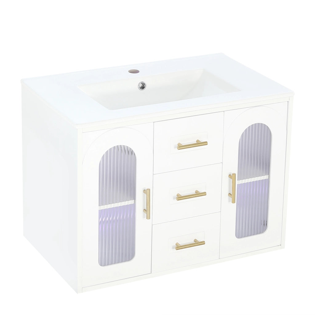 Mobile bagno sospeso con 2 cassetti; 2 ante e ripiani regolabili con LED e lavabo; per bagno; 76×46×55 cm; bianco