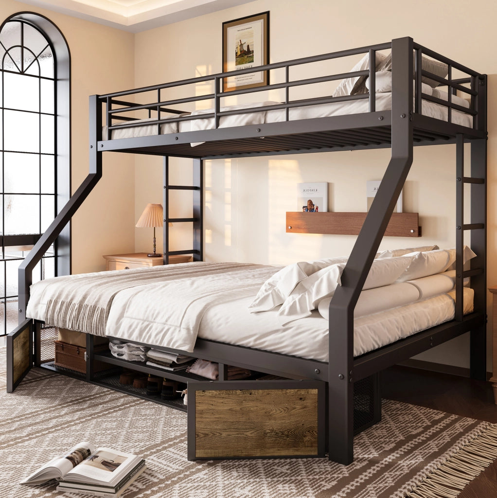 Letto a castello per bambini con scarpiera e vani contenitore; 90x200 cm sopra e 140x200 cm sotto; nero; senza materasso