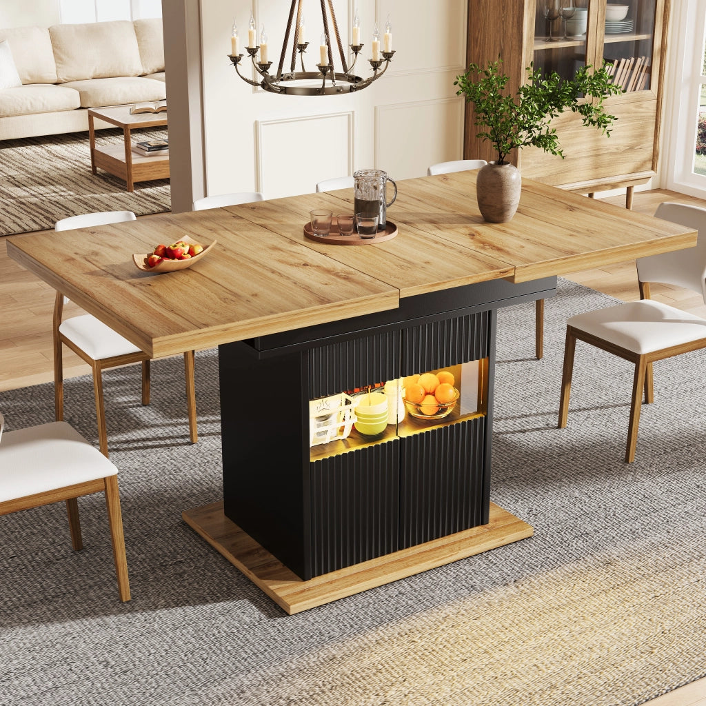 TAVOLO Allungabile 110-140x80x76 cm Nero Effetto legno con LED e vano contenitore
