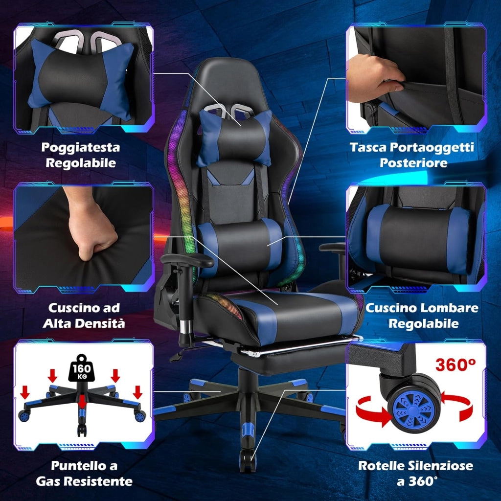 Sedia da Ufficio Ergonomica per Computer con Altezza Regolabile, Sedia da Gaming con Luci RGB LED, Schienale e Braccioli Regolabili, Poggiapiedi Estraibile e Supporto Lombare (Blu)
