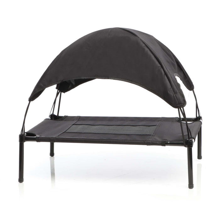 Brandina per cani e gatti con tettoia nera, cuccia per cani max 25kg, lettino da esterno per animali con tettuccio parasole, 76x60x16cm