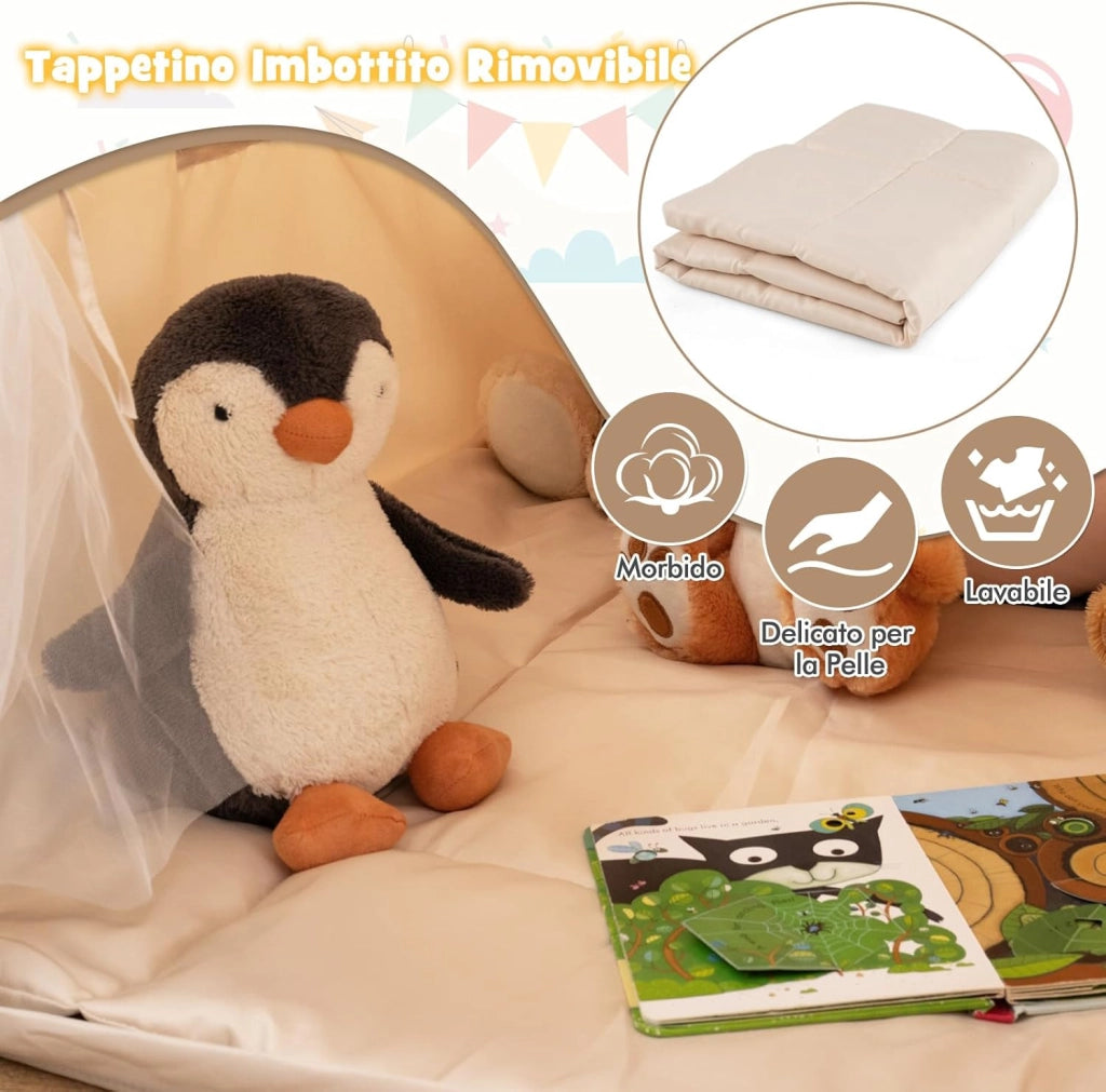 Tenda Casetta per Bambini con Tetto Stellato Luminoso nel Buio, Tenda per Bambini con Luci e Bandierine, Tenda da Gioco con Porta, 2 Finestre e Tappetino, per Interno ed Esterno (Beige)