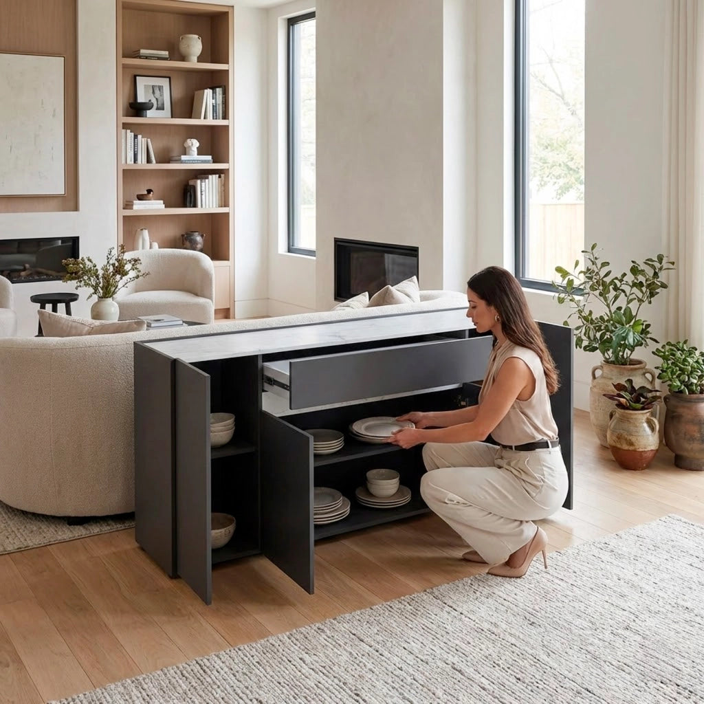 Credenza Moderna Con 4 Ante E 1 Cassetto Contenitore Senza Maniglie Per Sala Da Pranzo Zona Living E Soggiorno 170 X 85 X 40 Cm Grigio Scuro E Bianco Effetto Marmo