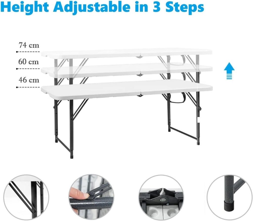 Tavolo da Campeggio Pieghevole, Tavolo da Giardino Portabile con Maniglia di Trasporto e Telaio in Acciaio, Regolabile in Altezza a 3 Posizioni, Portata di 150kg, 122x61x46/60/74cm, Bianco