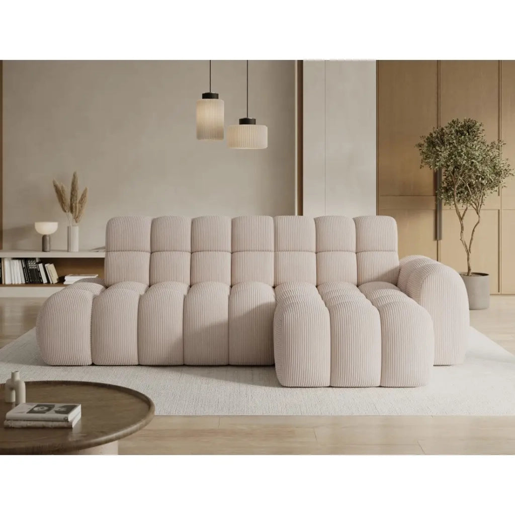 Divano angolare convertibile BULLA 3 posti beige angolo destro - velluto a coste con estensione della seduta elettrica