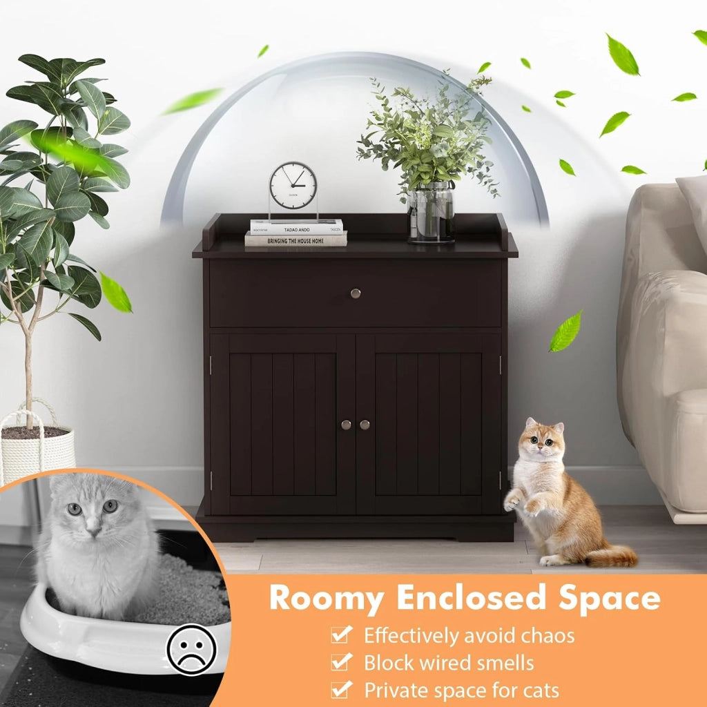 Mobile Lettiera per Gatti con 2 Ante e Cassetto, Armadio per Gatto in Legno con Ingresso Laterale, Grotta Rifugio Multiuso per Soggiorno, Camera da Letto e Ingresso, 76 x 53 x 74 cm