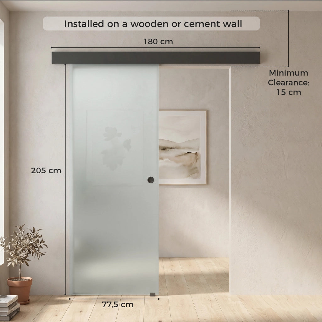 Porta Scorrevole 77,5x205 cm con Binario Silenzioso e Guida in Vetro Temperato Sabbiato Trasparente