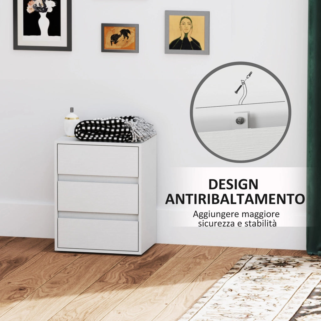 Cassettiera 3 Cassetti Moderna 40x30x50,5 cm in Legno Bianco