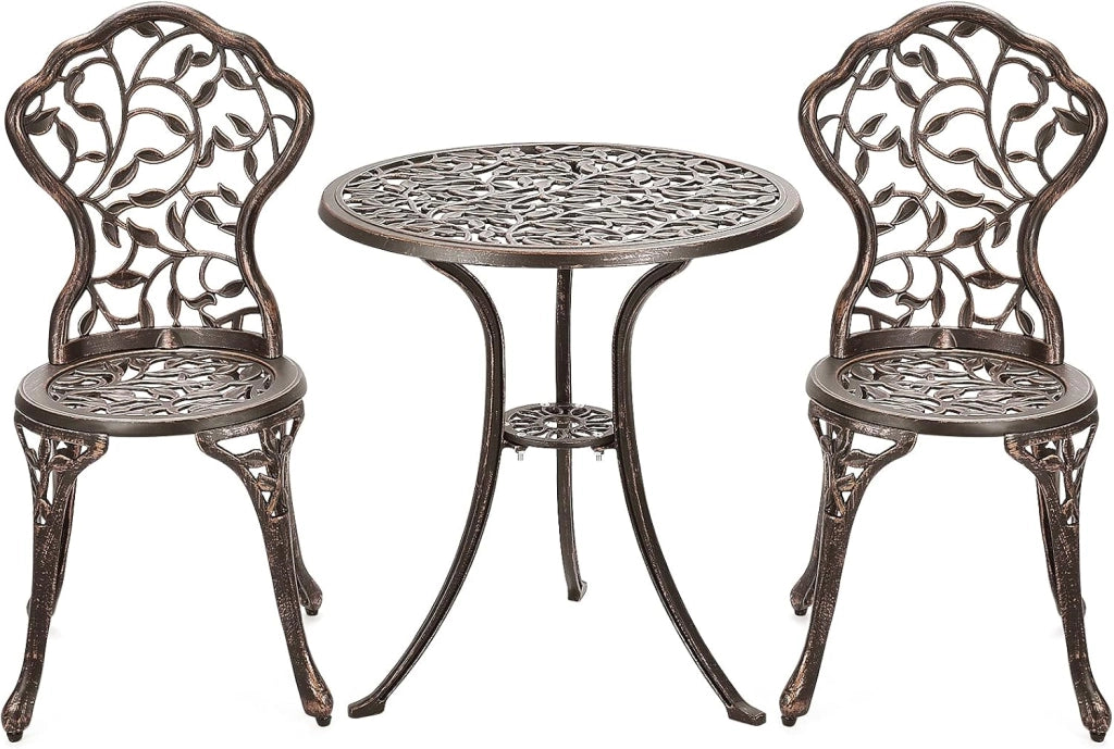 Set da Bistrot Tavolo Rotondo con 2 Sedie in Fusione di Alluminio, Set da Giardino Antico per Esterni Balcone Bordo Piscina, Bronzo