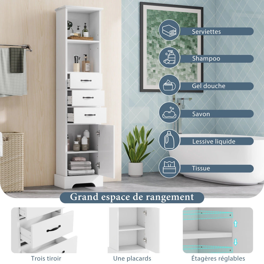 Armadietto da bagno con 3 cassetti, vani aperti e ripiano regolabile in MDF laccato, bianco, 38 × 26 × 172,5 cm